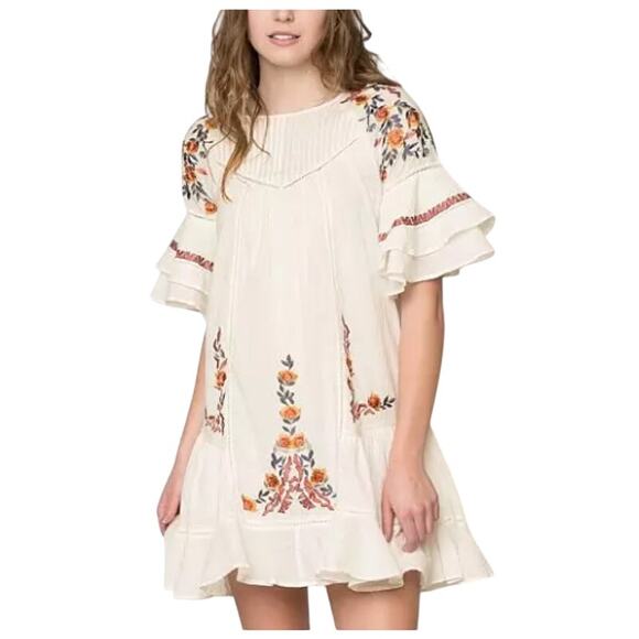 Free People XS NEW Pavlo Dress Embroidered Ladder Crochet Insets Ivory Boho - Picture 1 of 13